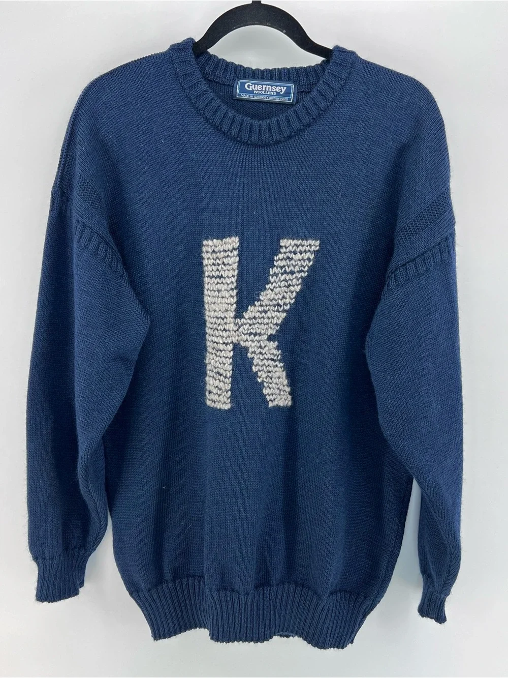 Vintage Guernsey Woollens Navy Blue Wool Fisherman Sweater Monogram K Sz L Prep